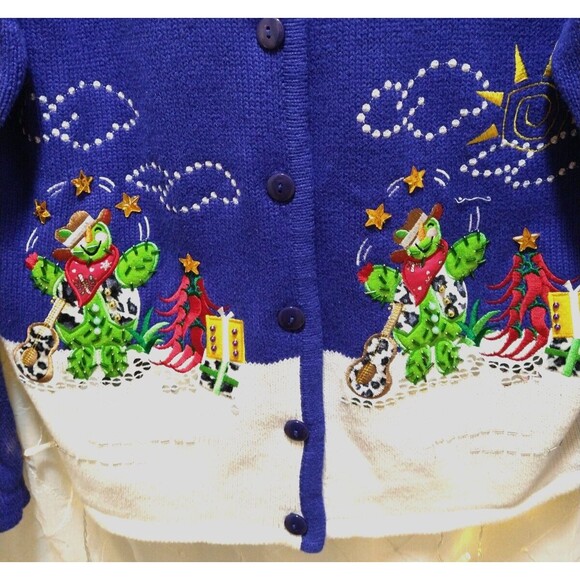 Crystal Kobe Womans Large Blue 3D Knit Sweater Cardigan Christmas Cactus Western - Picture 3 of 11